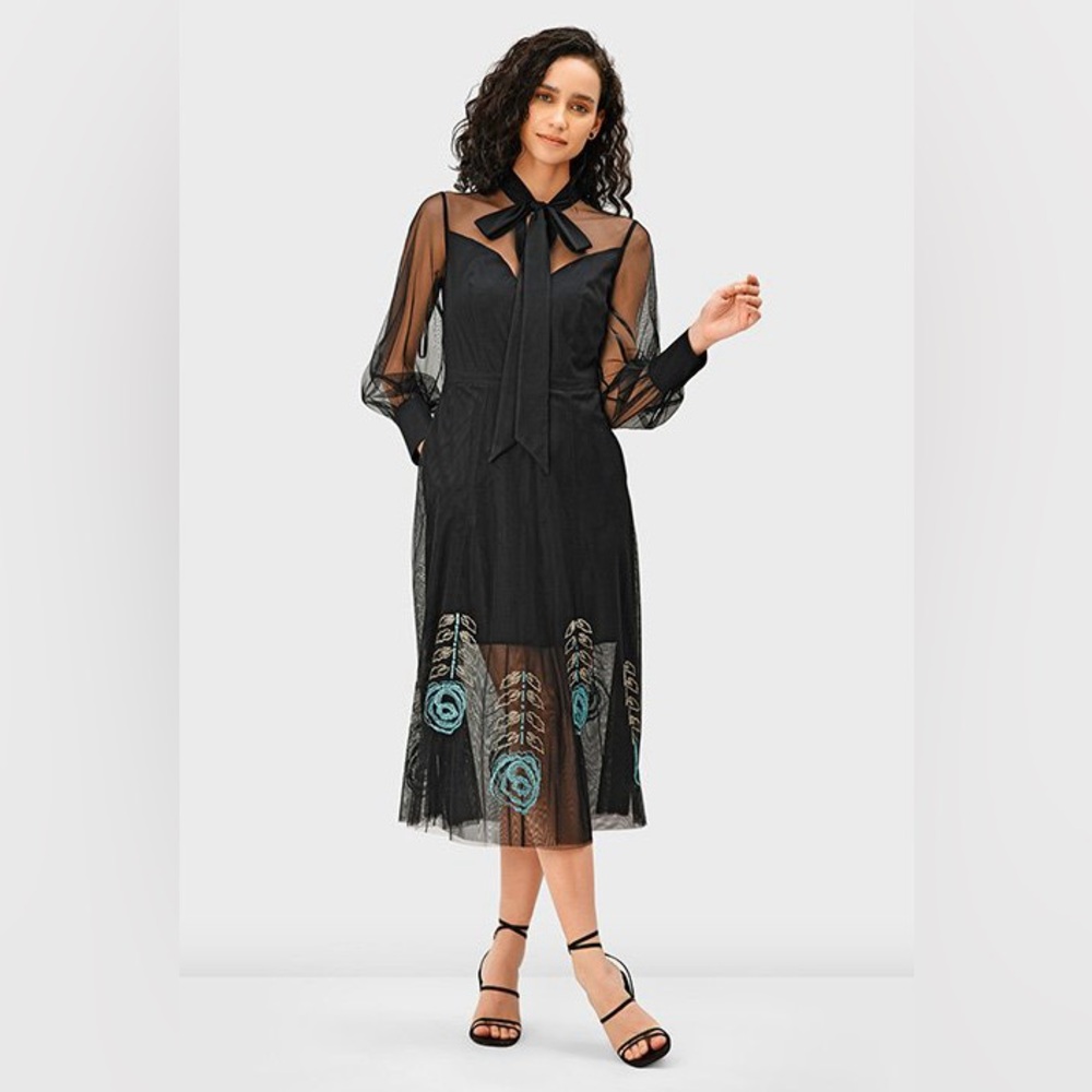 Tie Neck Floral Embroidery Tulle Dress